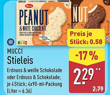 MUCCI Stieleis Erdnuss & weiße Schokolade oder Erdnuss & Schokolade; je 4 Stück; 4x90-ml-Packung (Liter = 6.36)