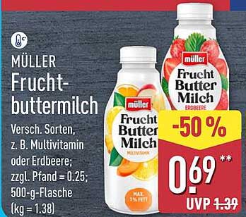 MÜLLER Fruchtbuttermilch Versch. Sorten, z. B. Multivitamin oder Erdbeere; zzgl. Pfand = 0,25; 500-g-Flasche (kg = 1.38)