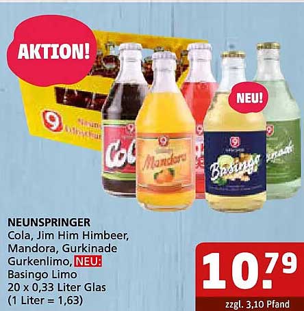 NEUNSPRINGER Cola, Jim Him Himbeer, Mandora, Gurkinade Gurkenlimo, NEU: Basingo Limo 20 x 0,33 Liter Glas (1 Liter = 1,63)
