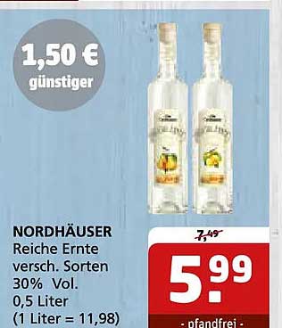 NORDHÄUSER Reiche Ernte versch. Sorten 30% Vol. 0,5 Liter (1 Liter = 11,98)