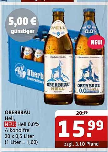 OBERBRÄU Hell, NEU: Hell 0,0% Alkoholfrei 20 x 0,5 Liter (1 Liter = 1,60)