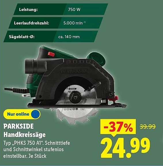 PARKSIDE Handkreissäge Typ „PHKS 750 A1“. Schnitttiefe und Schnittwinkel stufenlos einstellbar. Je Stück
