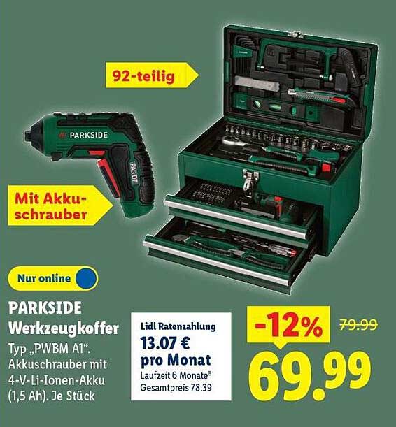 PARKSIDE Werkzeugkoffer Typ „PWBM A1“. Akkuschrauber mit 4-V-Li-Ionen-Akku (1,5 Ah). Je Stück