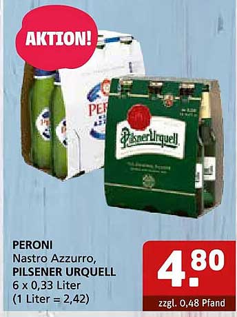 PERONI Nastro Azzurro, PILSENER URQUELL 6 x 0,33 Liter (1 Liter = 2,42)