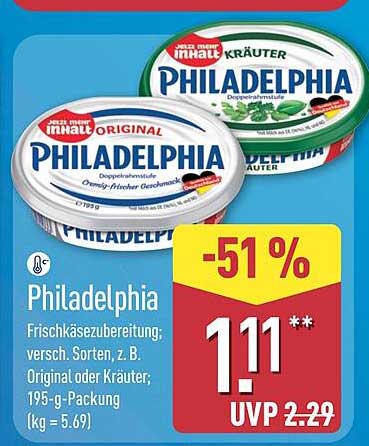 Philadelphia Frischkäsezubereitung, versch. Sorten, z. B. Original oder Kräuter; 195-g-Packung (1 kg = 5.69)