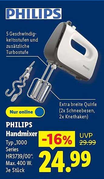 PHILIPS Handmixer Typ „1000 Series HR3739/00“, Max. 400 W, je Stück