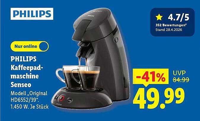 PHILIPS Kaffeepadmaschine Senseo Modell „Original HD6552/39“, 1.450 W. Je Stück