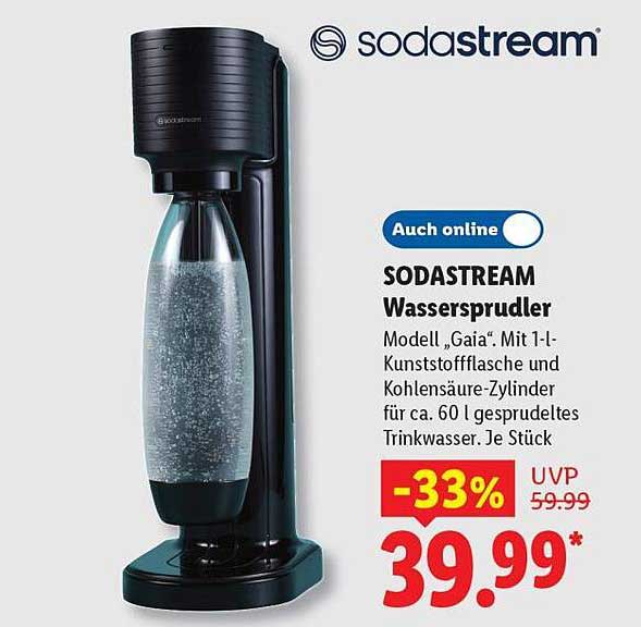 SODASTREAM Wassersprudler Modell „Gaia“. Mit 1-l-Kunststoffflasche und Kohlensäure-Zylinder für ca. 60 l gesprudeltes Trinkwasser. Je Stück