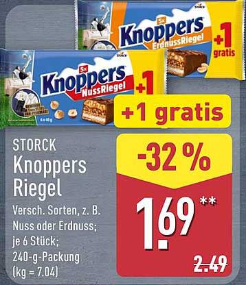 STORCK Knoppers Riegel Versch. Sorten, z. B. Nuss oder Erdnuss; je 6 Stück; 240-g-Packung (kg = 7.04)