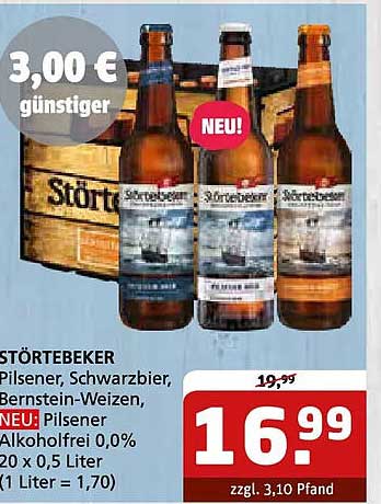 STÖRTEBEKER Pilsener, Schwarzbier, Bernstein-Weizen, NEU! Pilsener Alkoholfrei 0,0% 20 x 0,5 Liter (1 Liter = 1,70)