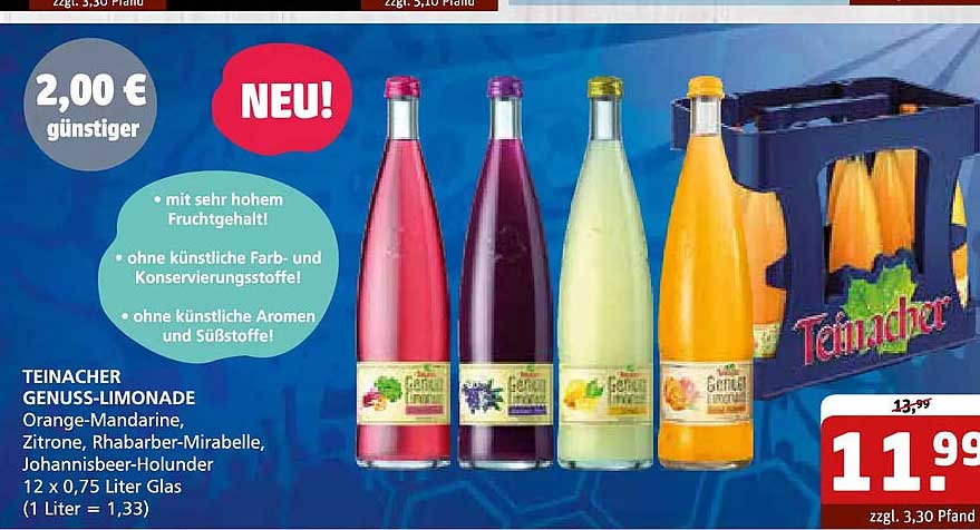 TEINACHER GENUSS-LIMONADE Orange-Mandarine, Zitrone, Rhabarber-Mirabelle, Johannisbeer-Holunder 12 x 0,75 Liter Glas (1 Liter = 1,33)