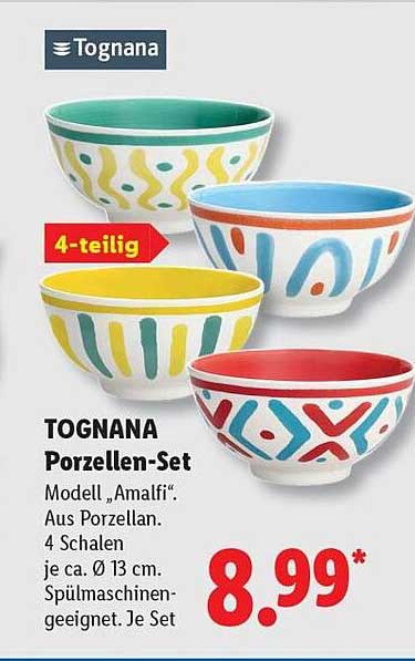 TOGNANA Porzellen-Set Modell „Amalfi“. Aus Porzellan. 4 Schalen je ca. Ø 13 cm. Spülmaschinen-geeignet. Je Set