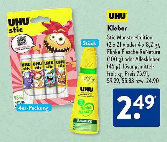 UHU Kleber Stic Monster-Edition (2 x 21 g oder 4 x 8,2 g), Flinke Flasche ReNature (100 g) oder Alleskleber (45 g), lösungsmittelfrei