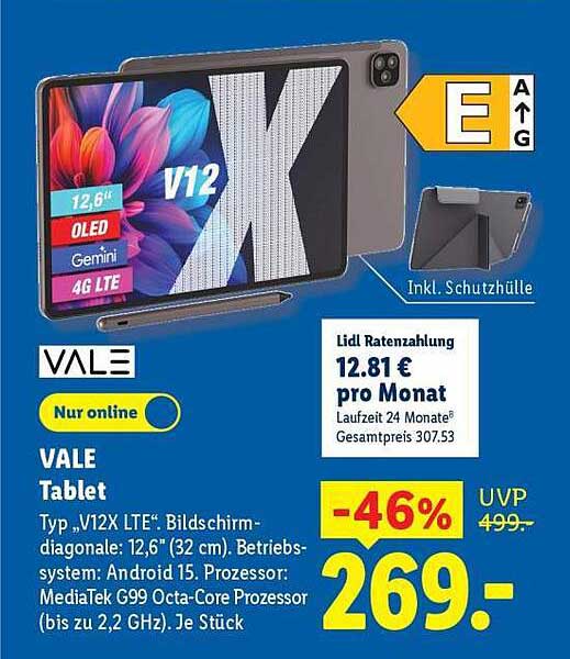 VALE Tablet Typ „V12X LTE“ Bildschrim-diagonale: 12,6" (32 cm). Betriebssystem: Android 15. Prozessor: MediaTek G99 Octa-Core Prozessor (bis zu 2,2 GHz). Je Stück