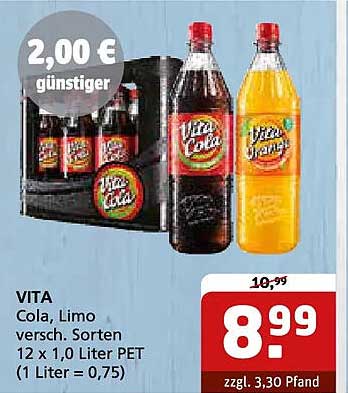 VITA Cola, Limo, versch. Sorten 12 x 1,0 Liter PET (1 Liter = 0,75)