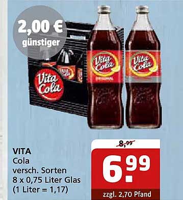 VITA Cola versch. Sorten 8 x 0,75 Liter Glas (1 Liter = 1,17)