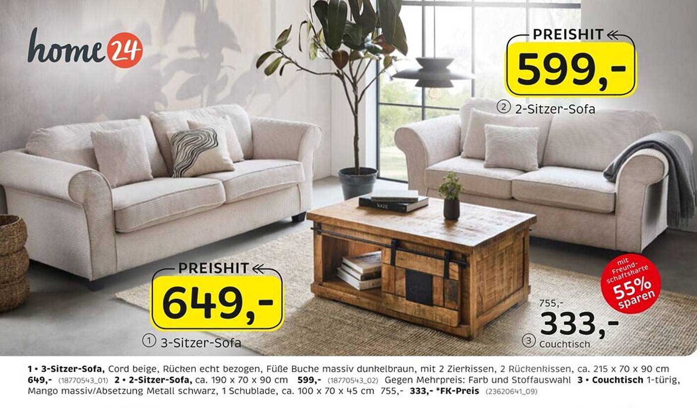 3-Sitzer-Sofa Cord beige mit Echtbezug und Couchtisch im Angebot