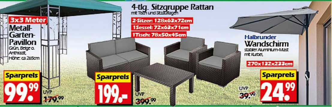 4-tlg. Sitzgruppe Rattan mit Tisch und Sitzkissen