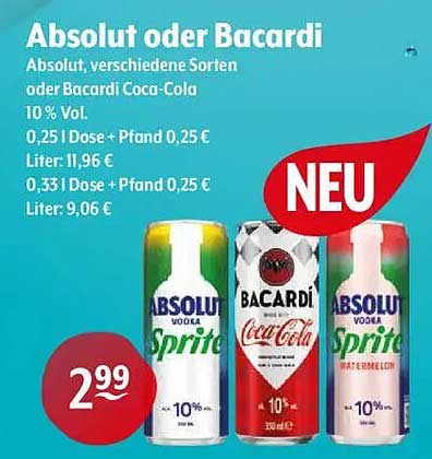 Absolut oder Bacardi – verschiedene Sorten zum Aktionspreis