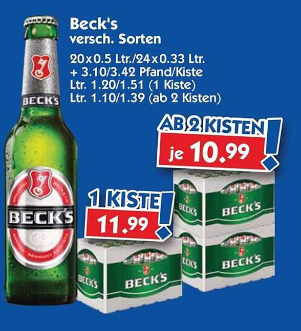 Beck's Bier - 20 x 0.5 L oder 24 x 0.33 L - Ab 2 Kisten je 10,99 €