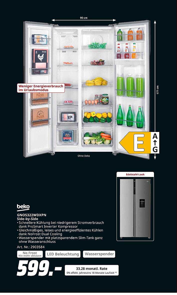 Beko GNO5322WDXPN Side-by-Side Kühlschrank mit Wasserspender