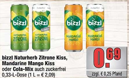bizzl Naturherb Zitrone Kiss, Mandarine Mango Kiss oder Cola-Mix 0,33-L-Dose