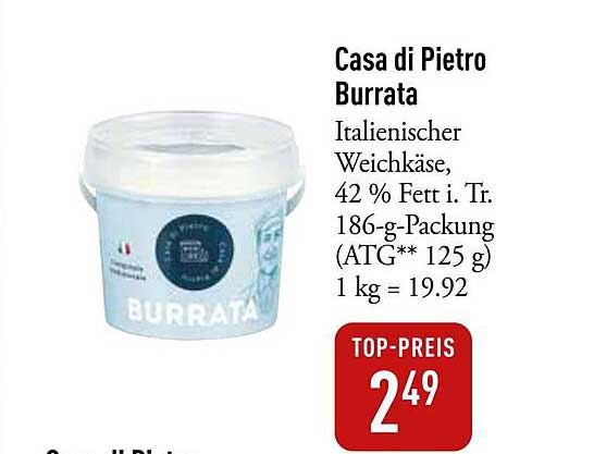 Casa di Pietro Burrata - Italienischer Weichkäse, 42 % Fett i. Tr. 186-g-Packung