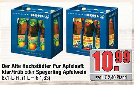 Der Alte Hochstädter Pur Apfelsaft klar/trübe oder Speyerling Apfelwein 6x1-L-Fl.
