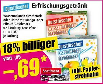 Durstlöscher Erfrischungsgetränk - Wassermelonen- oder Mango-/Pfirsichgeschmack