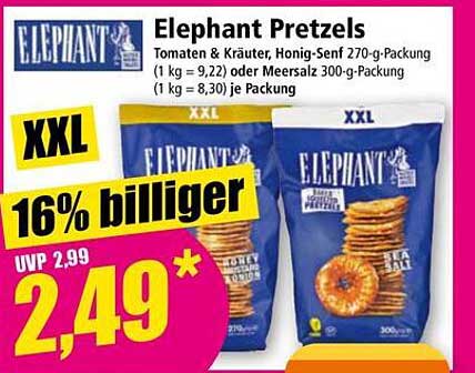 Elephant Pretzels - Tomaten & Kräuter, Honig-Senf 270-g-Packung oder Meersalz 300-g-Packung
