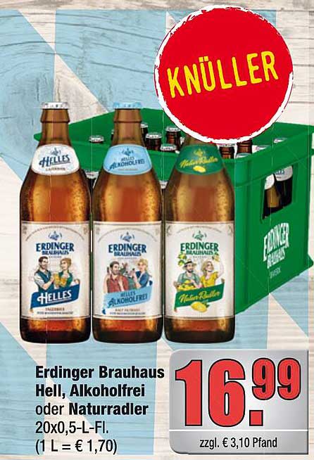 Erdinger Brauhaus Hell, Alkoholfrei oder NaturRadler 20x0,5-L-Fl.