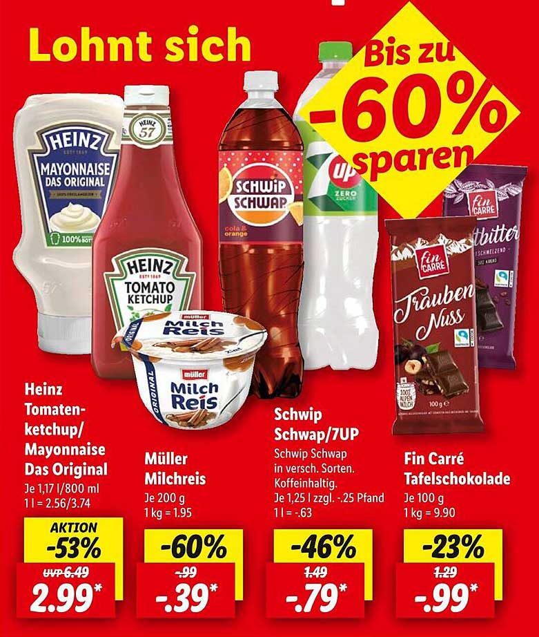 Heinz Tomatenketchup/Mayo Das Original, Müller Milchreis, Schwip Schwap/7UP, Fin Carré Tafelschokolade
