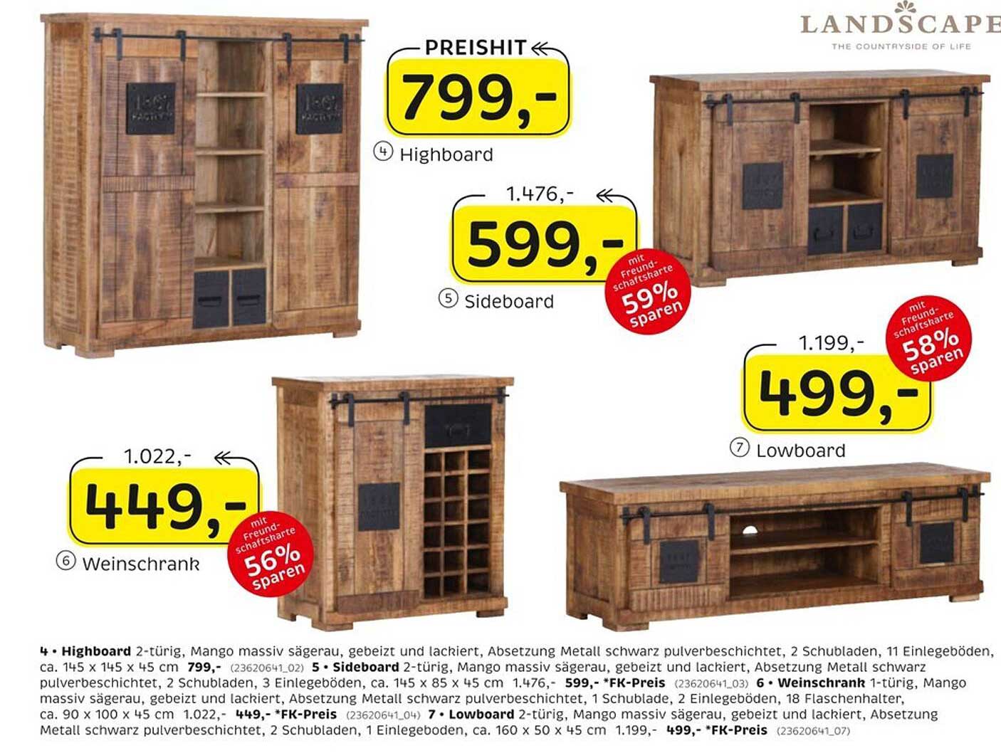 Highboard 2-türig aus Mango massiv mit Absetzung Metall
