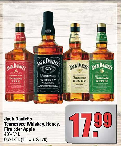 Jack Daniel's Tennessee Whiskey, Honey, Fire oder Apple 0,7 L - 40% Vol.