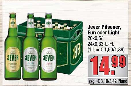 Jever Pilsener, Fun oder Light - 20x0,5l oder 24x0,33L-Pfl.