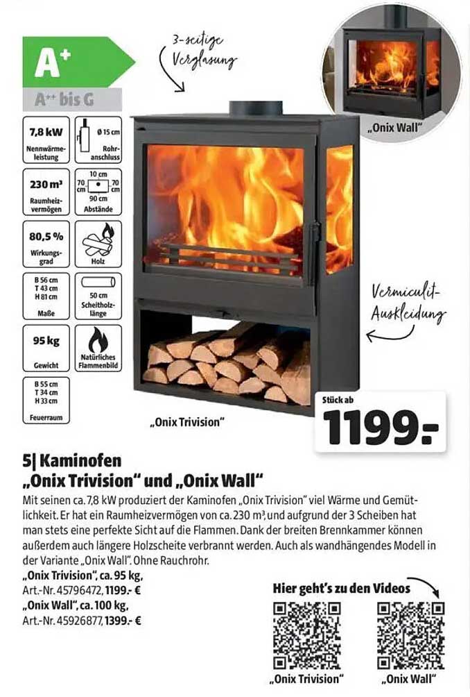 Kaminofen „Onix Trivision“ und „Onix Wall“
