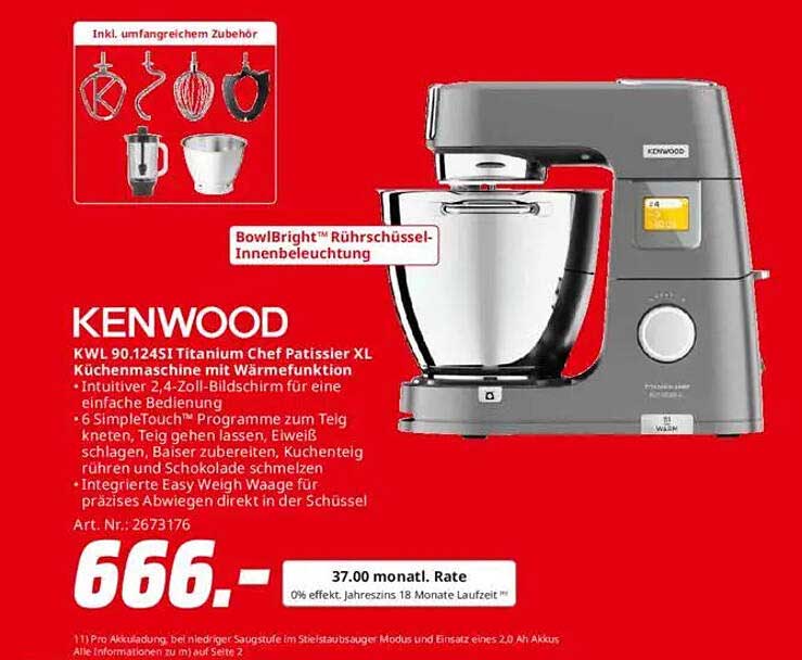 KENWOOD KWL 90.124ST Titanium Chef Patissier XL Küchenmaschine mit Wärmefunktion