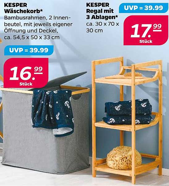 KESPER Wäschekorb mit Bambusrücken, 2 Innenbeuteln