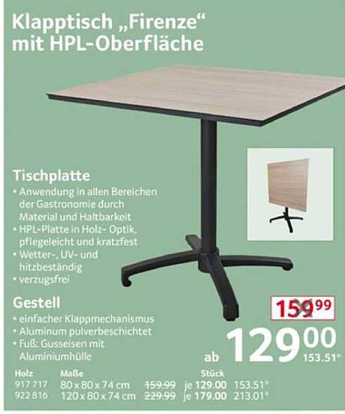 Klapptisch „Firenze“ mit HPL-Oberfläche