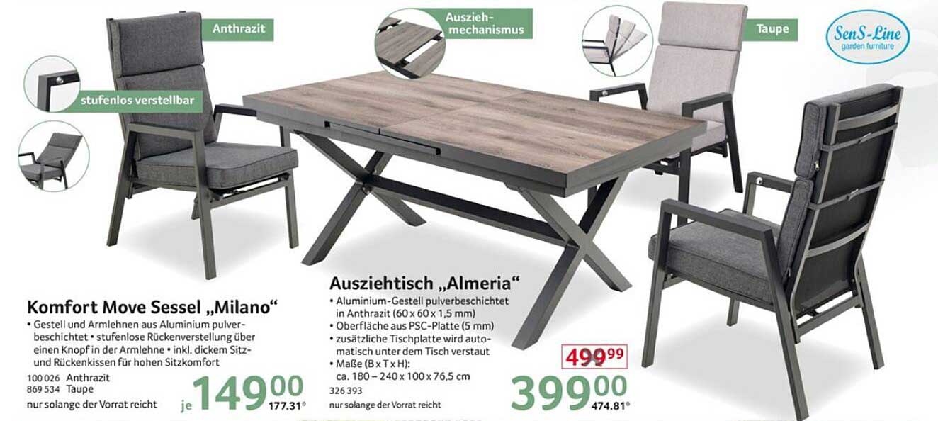 Komfort Move Sessel „Milano“ und Ausziehtisch „Almeria“