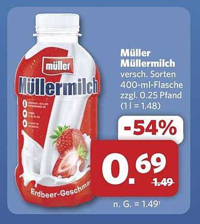 Müller Müller Milch Erdbeer-Geschmack 400-ml-Flasche