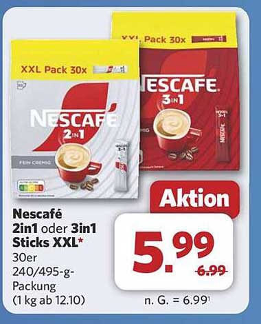 Nescafé 2in1 oder 3in1 Sticks XXL Pack 30er
