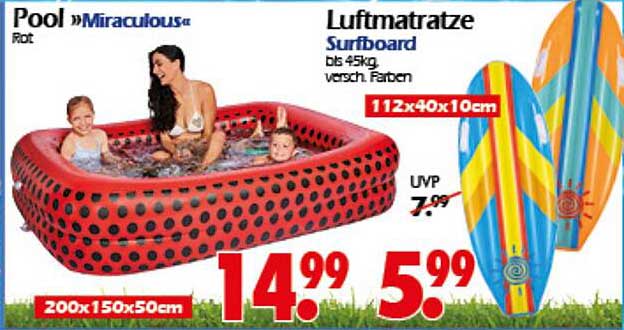 Pool »Miraculous« Rot und Luftmatratze Surfboard