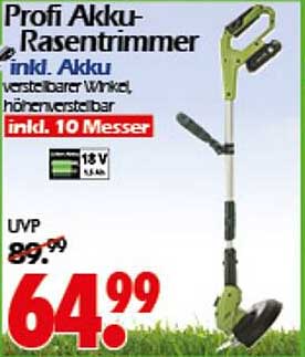 Profi Akku-Rasentrimmer inkl. Akku, verstellbarer Winkel, höhenverstellbar, inkl. 10 Messer