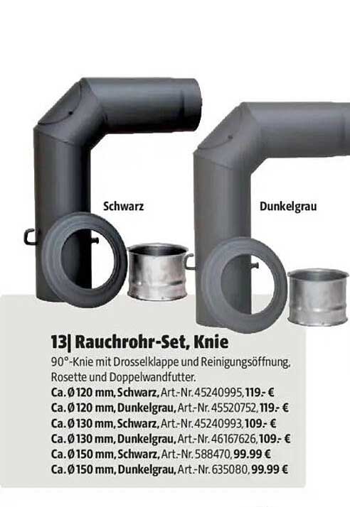 Rauchrohr-Set, Knie 90° mit Drosselklappe und Reinigungsöffnung