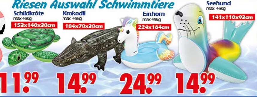Riesen Auswahl Schwimmtiere - Schildkröte, Krokodil, Einhorn und Seehund