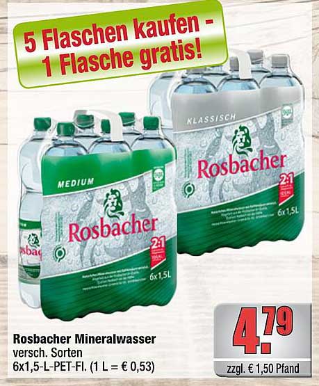 Rosbacher Mineralwasser - 5 Flaschen kaufen, 1 Flasche gratis!