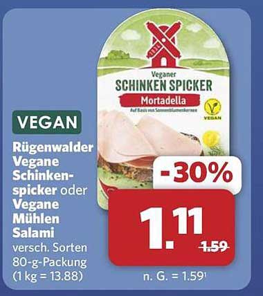 Rügenwalder Vegane Schinken-Spicker oder Vegane Mühlen Salami, 80-g-Packung