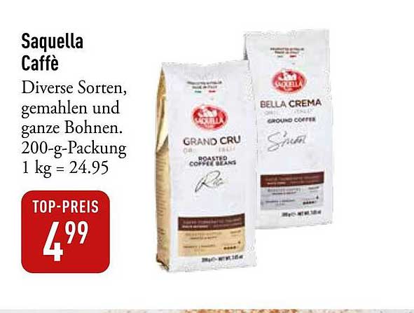 Saquella Caffè - Diverse Sorten, gemahlen und ganze Bohnen, 200-g-Packung