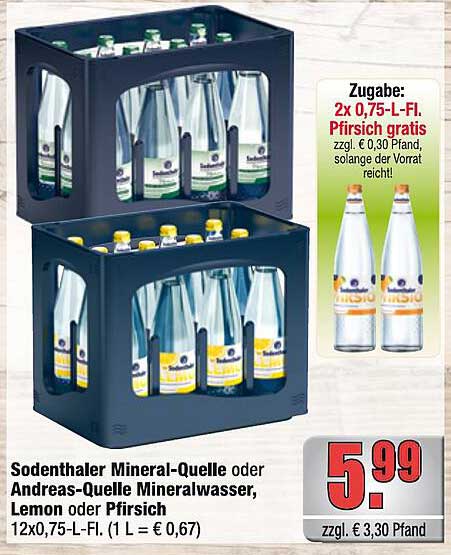 Sodenthaler Mineral-Quelle oder Andreas-Quelle Mineralwasser, Lemon oder Pfirsich